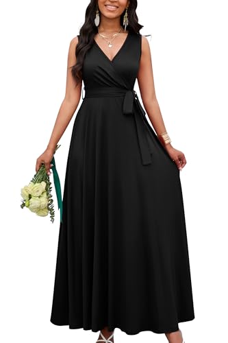 FANDEE Women Summer Semi-Formal Maxi Sleeveless Empire Waist V Neck A-Line Flowy Waist Belted Casual Vacation Cocktail Dress