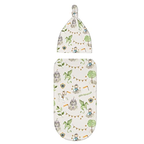 Image of ALYYDFF Cute Knight Cartoon Dragon Watercolor Grey Newborn Swaddle Blankets Hat Sets Receiving Blanket Gifts for Infant Baby Boy Girl (0-6 Months)