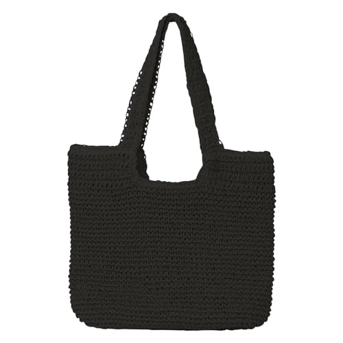 GOLDTIMO Beach Bags for Women - Summer Soft Large Woven Shoulder Purse Handbag, Beach Tote Straw Bag for Summer Vacation, Black