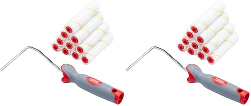 Image of ProDec Advance 11 Piece 4 inch Short Pile Microfibre Mini Paint Rollers & Frame for a Smooth Finish with Emulsion, Gloss, Satin, Varnish, Woodstain on Interior Walls, Ceilings, Wood, Metal, 4"
