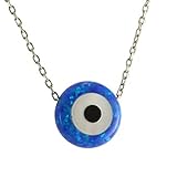 Women Mini Blue Created Opal 10mm Round Evil Eye Amulet Pendant Necklace with Silver Chain 16+2...