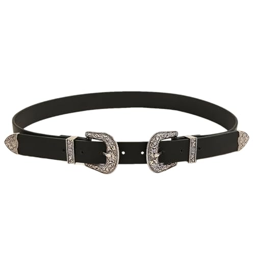 Women’S Vintage Carved Double Buckle PU Leather Belt Fashion Hip Hop Rock Y2K Style Solid Pattern 3Cm Width