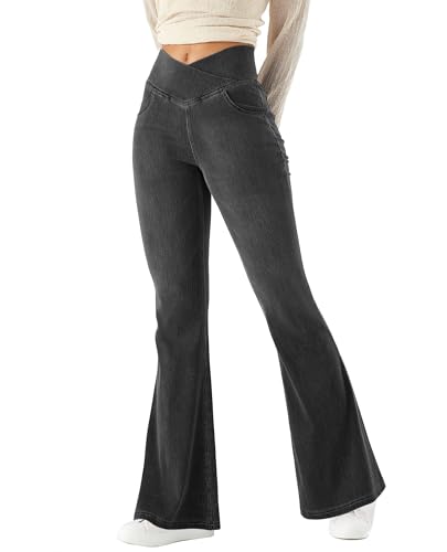 LaiEr Damen Bootcut Jeans V Crossover hohe Taille Pull on Bauch Kontrolle Skinny Yoga Hosen, Denim Hochelastischen weichen Stoff, Ausgestellt Fitness Hose mit Seitentaschen(Dunkel Grau XL) LaiEr Damen Bootcut Jeans V Crossover hohe Taille Pull on Bauch Kontrolle Skinny Yoga Hosen, Denim Hochelastischen weichen Stoff, Ausgestellt Fitness Hose mit Seitentaschen(Dunkel Grau XL)