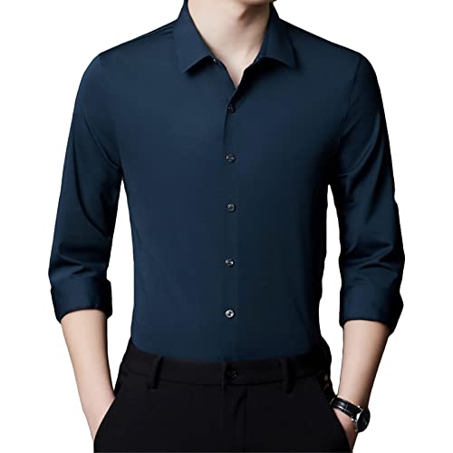 DGHM-JLMY Men's Non-Ironing Wrinkle-Free Seamless Shirt Breathable Stretch Shirt Solid Long Sleeve Stretch Formal Shirt (Dark Blue,Large)