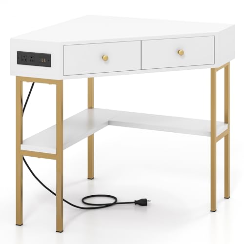 SILKYDRY Corner Desk with Charging Station, 90° Triangle Desk w/ 2 Drawers, Storage Shelves, Corner Vanity Table for Bedroom, Compact Computer Desk for Small Space