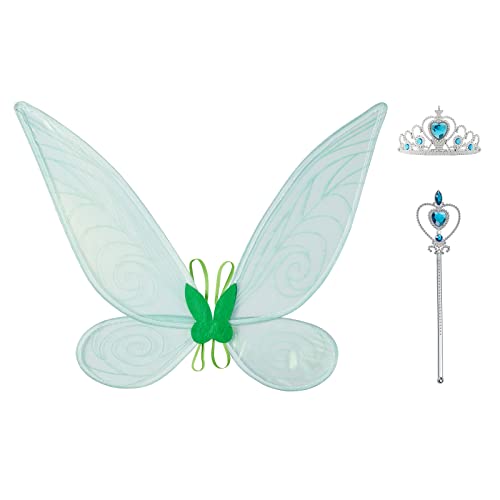 Antbutler Fairy Wings Costume for Girls, Butterfly Angel Wings for Adults, Halloween Cosplay with Crown Magic Wand (Green) Cover