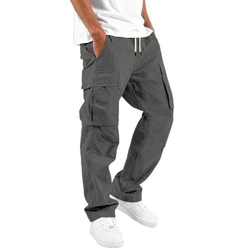XINGJIAARTS Mens Jogger Sweatpants with Drawstring Baggy Waffle Knit Cargo Jogging Pants Soft Breathable Hiking Lounge Pants Dark Gray Small - image 2