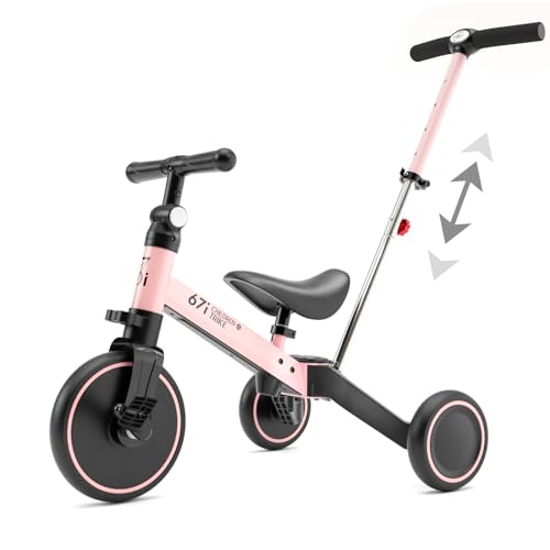 67i Tricycles for 1-3 Year Olds Toddler Bike with Push Handle Toddler Tricycle with Parent Push Handle Baby Balance Bike Boys and Girls Kids Trike with Adjustable Seat Removable Pedals (Pink)