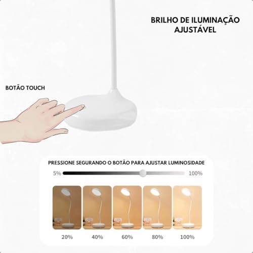 Luminaria de Mesa Led Articulavel com 3 Níveis de Luminosidade Bateria Recarregável Ideal para Estud