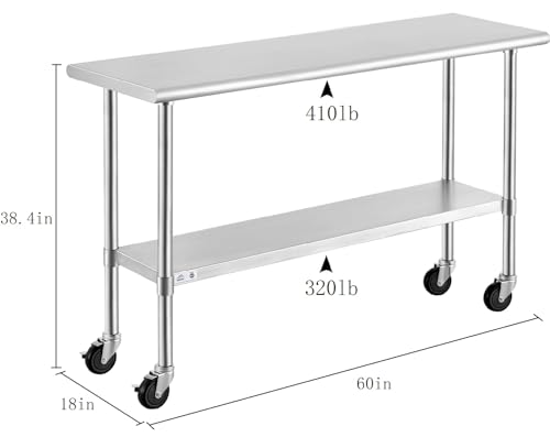 Image of ROCKPOINT Stainless Steel Table for Prep & Work with Caster Wheels 18x60 Inches, NSF Metal Commercial Kitchen Heavy Duty Table with Adjustable Under Shelf and Table Foot for Restaurant, Home and Hotel