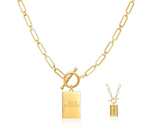 Moodear Cross Necklace for Women Trendy Chunky 14K Gold Plated Cross Pendant Necklace Toggle Clasp Paperclip Chain Dainty Necklace for Women Fashion Religious Gift