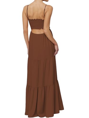 Image of Womens Summer Floral Spaghetti Strap Backless Low Cut Smocked Milkmaid Flowy Beach Sundresses