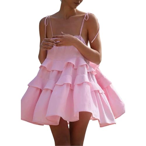 Women's Summer Solid Color Multi-Layer Ruffled Cake Skirt Short Backless Camisole Dress