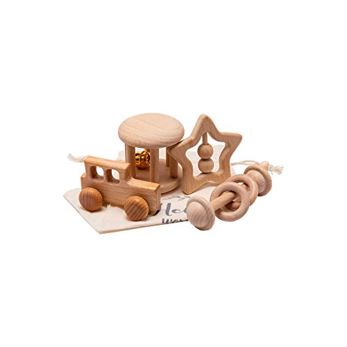 Image of Wooden Baby Toys Montessori Toys Set Wooden Rattles Grasping Toys Wood Ring 4pcs, Truck Toy Set