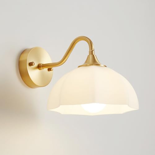 Applique Murale LED d'intérieur en Laiton brossé doré, Style Moderne du Milieu du siècle, montée avec Abat-Jour en Verre, Lampe de Chevet en céramique Blanche pour Chambre à Couche