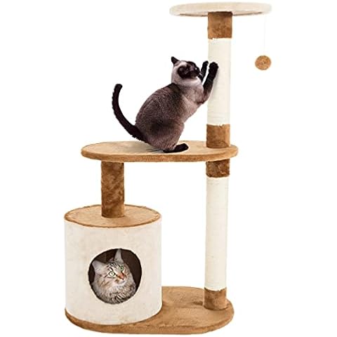 3-Tier Cat Tree - 2 Napping Perches, Kitten Condo, 2 Sisal Rope Scratching Posts, and Hanging Toy - Tower for Indoor Kitties by PETMAKER (Brown) Cover