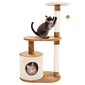 3-Tier Cat Tree – 2 Napping Perches, Kitten Condo, 2 Sisal Rope Scratching Posts, and Hanging Toy – Tower for Indoor Kitties by PETMAKER (Brown)