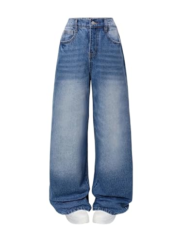 Yvmoruby Girls Wide Leg Jeans Baggy Elastic Waist Denim Pants Cute Loose Boyfriend Trousers for Tween 7-13 Years Washed-Medium Blue