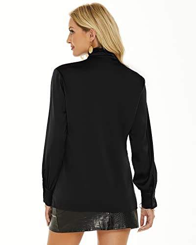 Women's Satin Blouse Bow Tie Neck Long Sleeve Button Down Shirt Casual Office Blouse Top (Black, X-Large) — view 6