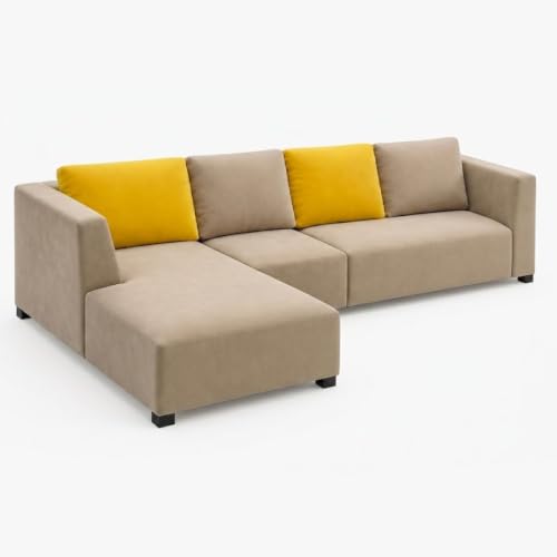 Image of FURNY Olympus 6 Seater LHS L Shape Sofa Set | Plush Velvet Suede Fabric | Modern Design | Soft Comfort Dual Color Cushions for Living Room, Office & Hotels (Beige-Yellow)