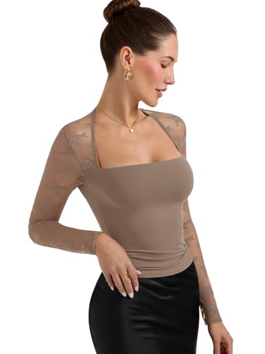 PINKMSTYLE Women Sexy Mesh Sheer Long Sleeve Tops Fitted Double Lined Square Neck Going Out Lace Shirts Latte Medium - image 4