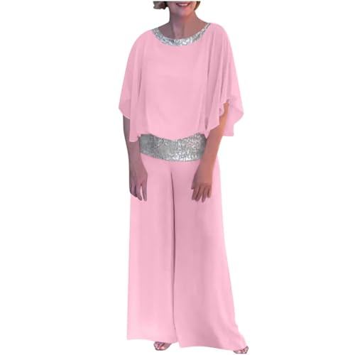 Image of Mrat Sequin Two Piece Pants Sets for Women Uk 3/4 Batwing Sleeve Elegant Chiffon Trousers Suits Formal Outfits Evening Party Club Wedding Guest High Waist Festival Cocktail Set Holiday