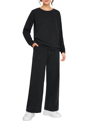 Weintee Womens Petite Sweatsuits Wide Leg Sweatpants and Sweatshirt Sets Jogging Suits M Black