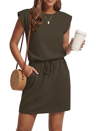 GRECERELLE Womens Summer Mini Dress Casual Round Neck Sleeveless Tie Waist Sport Mini Sundresses with Pockets (Army Green, M)