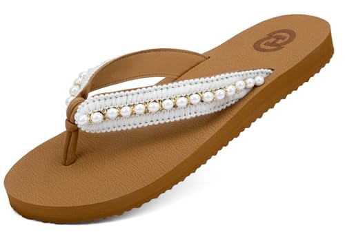 ChayChax Womens Two-Tone Flip Flops with Arch Support Comfort Beach Thong Sandals Indoor Outdoor, White, 9 Women