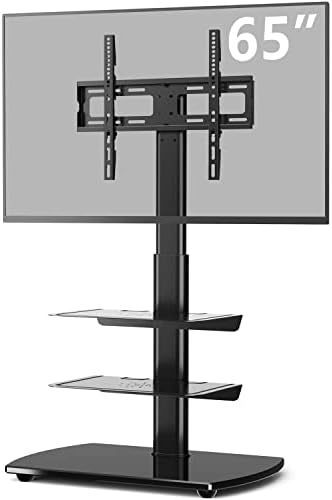 5Rcom Universal TV Floor Stand with 2 Media Shelves for 27 32 37 42 47 50 55 65 inch Flat or Curved Screens TVs Nice Tempered Glass Base with Swivel Mount for Bedroom and Office, TV Stand, Black
