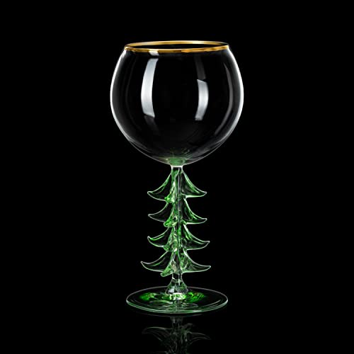 Crystal Christmas Holiday Tree Stemmed Wine Glass - Green - 12Oz Goblet Bordeaux Gold Rim Colored Glassware, Cheerful Party Festive New Years Cheer For Holiday Gift Xmas & Winter Season #TOP5