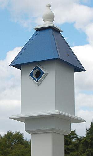 Wing & A Prayer Classic Bluebird House – Durable PVC Birdhouse with 1.5" Entry Hole & Cobalt Blue Roof – Predator Guarded Nesting Box for Bluebirds – Post Mount, White Body with Decorative Finial
