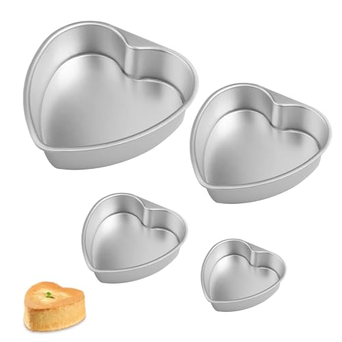 Eidoct 4 Pack Heart Cake Pan Set With Removable Bottom - Aluminum Non-Stick Molds in 4 6 8 10 Sizes for Layered Oven Baking