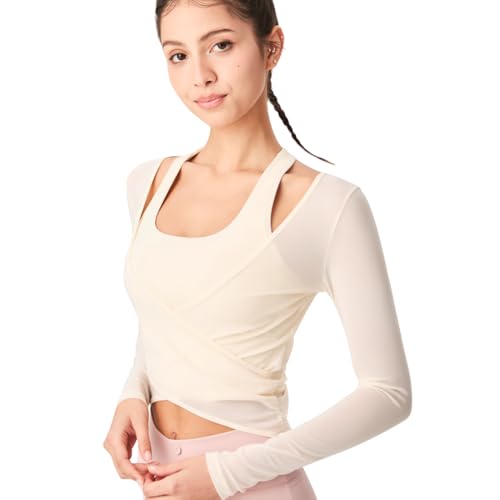Harssidanzar Yoga Two-Piece Set Long Sleeve for Women Mesh Gym Athletic Tops Workout Shirts with Sports Bra CL306US3