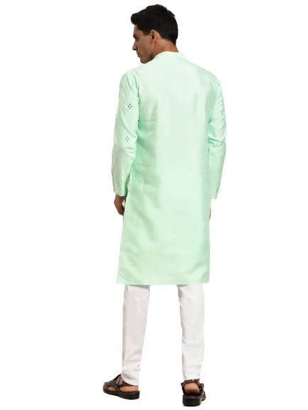 Image of SOJANYA (Since 1958 Men's Cotton Blend Navy Blue & Black Printed Kurta & White Churidar Pyjama Set