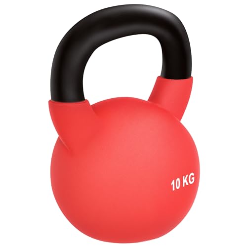 HOMCOM Kettlebell 10 kg en métal poids pour entraînements avec poignée antidérapante et fond plat kettlebell pour fitness, musculation à domicile et au gym, rouge et noir
