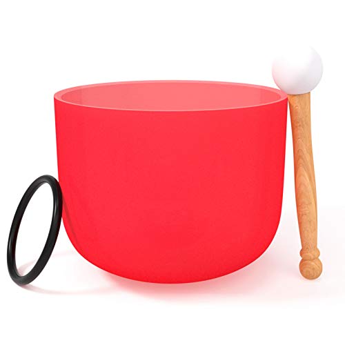 KELIODY Ciotola di Cristallo 440 Hz C-Tune 20cm Chakra di Radice Rossa Ciotola di Canto di Cristallo con O-ring e Mazza, Regalo di Yoga