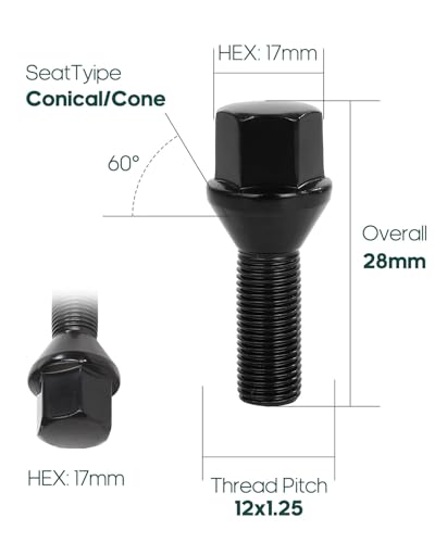 Image of SCITOO M12x1.25 Lug Nuts Set Black 28mm Shank Length Wheel Lug Bolts,20Pcs | 12x1.25 Lug Bolts Studs Hex 17mm Fit for Jeep Compass for Jeep Renegade for Cherokee for Fiat for Chrysler 200 for Dodge Dart