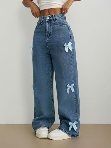 Bow Jeans for Girls Wide Leg Denim Pants,Bowknot Embroidery Baggy Trouser,Cute High Elastic Casual Y2k Streetwear with Pocket3