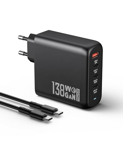 OUFUYU 138W Chargeur USB C Rapide, 4 Ports PD 3.0 GaN Adaptateur Type C avec Câble 100W pour MacBook Pro/Air, Dell XPS 15, iPhone 16/15, iPad Pro, Google Pixel, Samsung Galaxy S24/S23/S22, Steam Deck