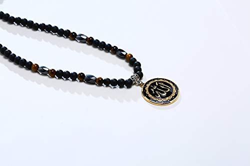 MEALGUET Allah Medallion Necklace, Stainless Steel Islamic Jewelry,Arabic Jewelry,Allah Name of God Round Pendant Necklace for Women and Men with Agate Beaded Chain, Muslim Gift Jewelry, Gift4