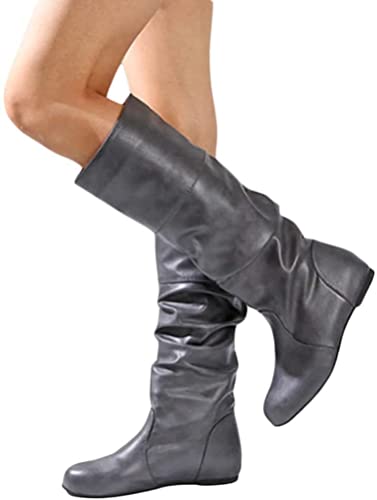 ORANDESIGNE Botas de Piel para Mujer Otoño Invierno Casuales PU Botas Altas con Cremallera Lateral Botas de hasta la Rodilla Botas de Cuero A Gris 39 EU