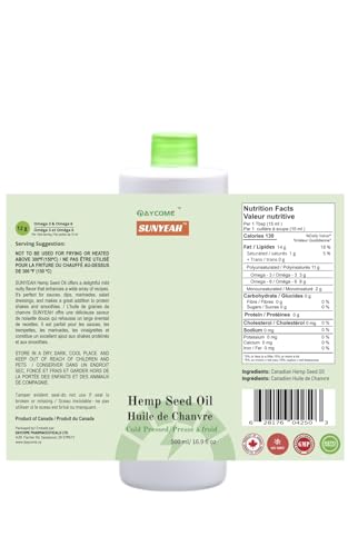 SUNYEAH Cold Pressed Hemp Seed Oil, 500 ml, Canadian, High in Omega 3 & 6, Keto Friendly - Image 3