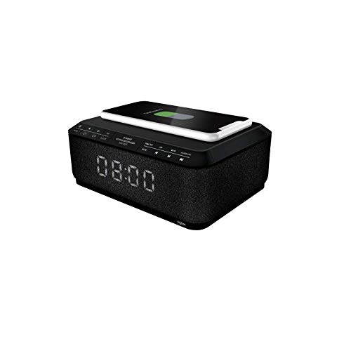 Bigben Sound RR140INBT - Radio despertador (Bluetooth, 230 V, AUX-IN 3.5 mm, base de carga inalámbrica para el móvil, altavoz inalámbrico) negro