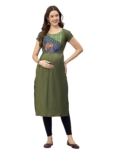 Image of CEE 18 Cotton Rayon A-Line Flared Maternity Feeding Kurti for Women with Zippers | Maxi Gown Dress for Women | Breastfeeding Dress for Mothers | Feeding Kurti for Women | Maternity Wear for Women