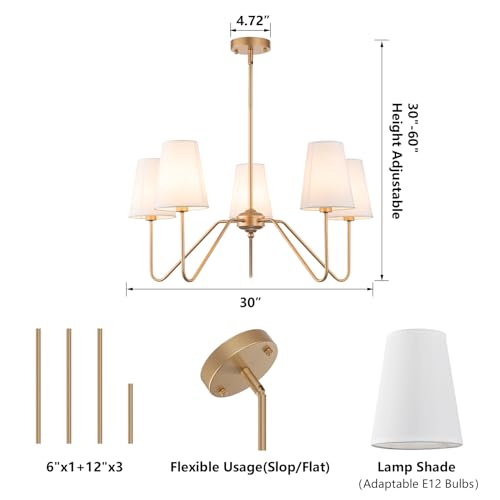 Brass Gold Chandeliers for Dining Room, 5-Light Modern Pendant Light Fixture Over Table with White Shade Farmhouse Lighting Fixtures for Living Room Bedroom Hallway Height Adjustable