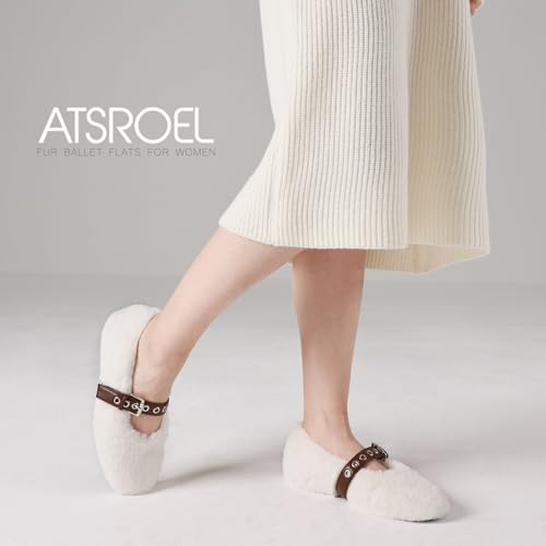 Fur Ballet Flats for Women Buckle Strap Mary Jane Shoes Comfy Ballerina Flats Casual Office Mary Janes Cute Faux Fur Flat Shoes for Women4