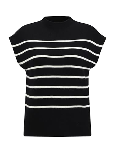 Women's Cap Sleeve Sweater Vest Mock Neck Striped Print Casual Ribbed Knit Pullover Tops2