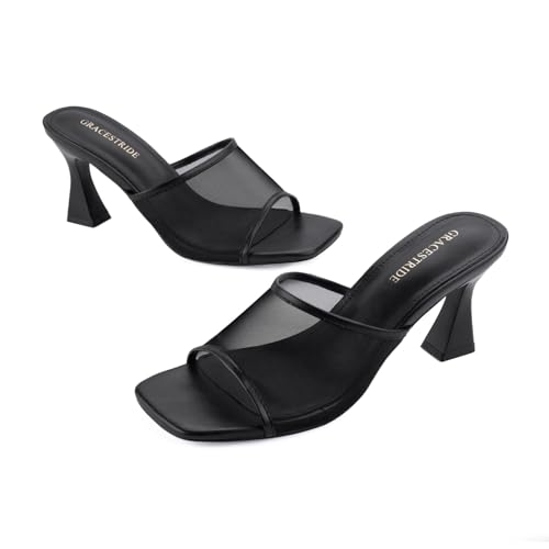 Image of Women's Mule Heels Chunky Kitten Heeled Sandals Mesh Slip On Square Toe Comfortable Casual Dress Pumps Shoes