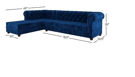 Image of Solid Wood Velvet Fabric L Shape Sofa Sofa for Living Room Button Tufted Sofa Chair for Home & Office (Left Aligned L-Shaped (Right Aligned L-Shaped Blue)